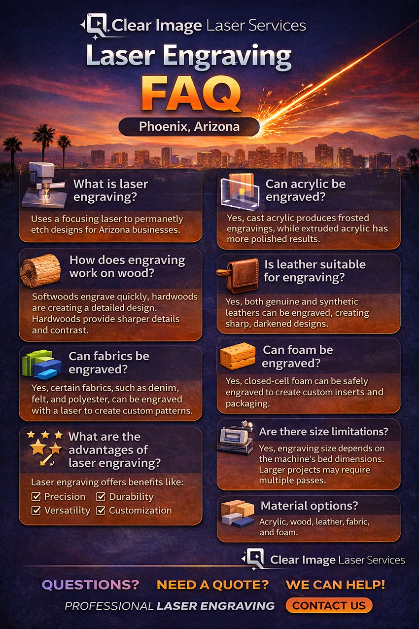 Laser engraving FAQ graphic by Clear Image Laser Services serving Phoenix, AZ